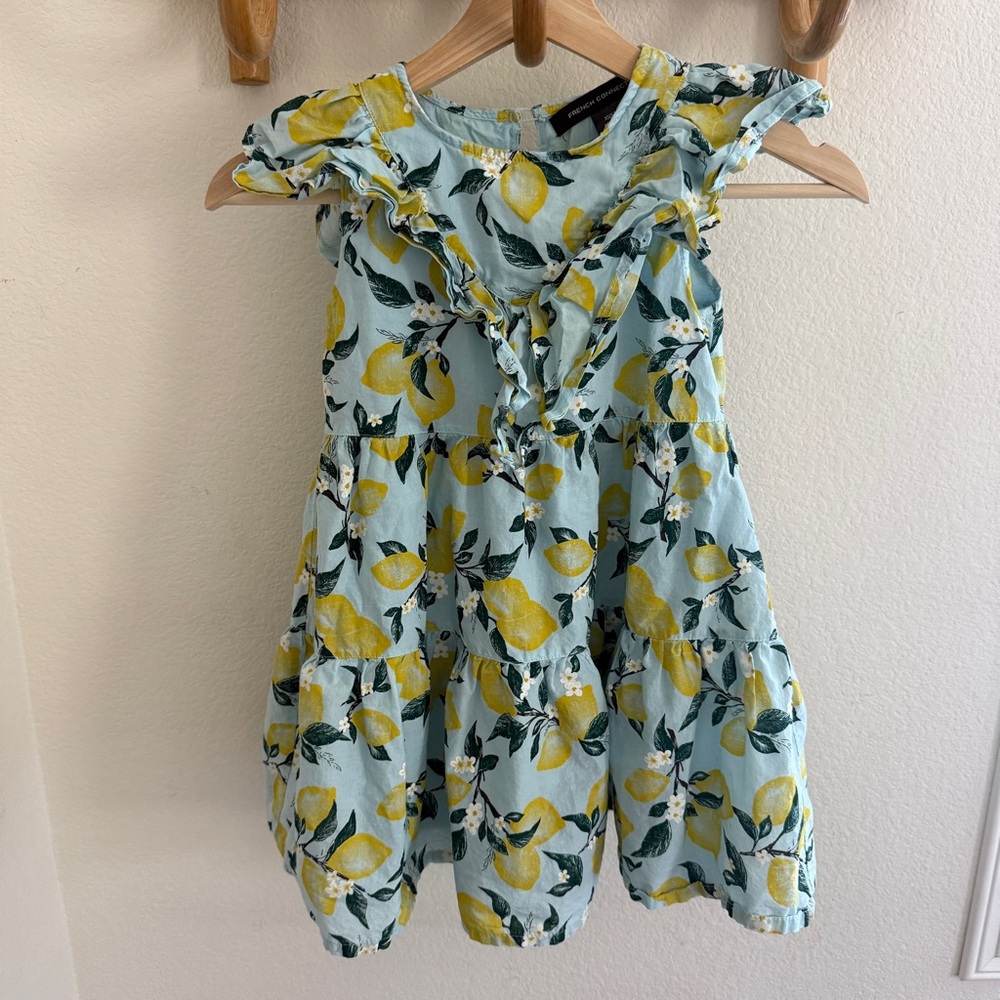 French Connection girls lemon print blue dress ruffles size 5-6